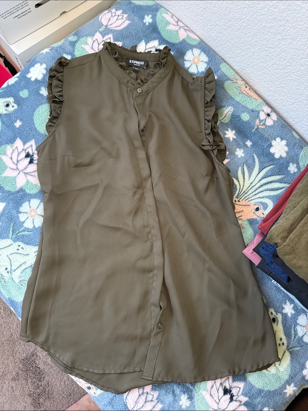 Express Olive Green Ruffle-Sleeve Button Front Blouse